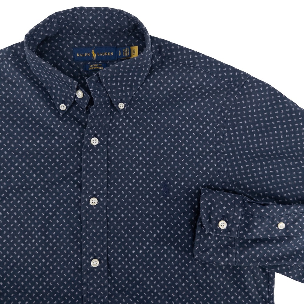 Ralph Lauren Mens Small Performance Anchor Print Button Down Navy Blue Nautical